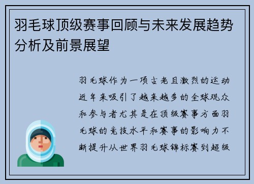 羽毛球顶级赛事回顾与未来发展趋势分析及前景展望